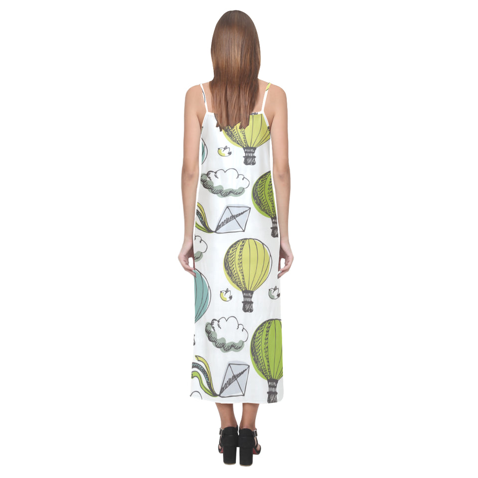 Hot Air Balloon Bird Cloud Pattern V-Neck Open Fork Long Dress
