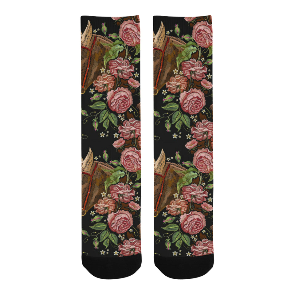 Horse head wild roses pattern Crew Socks