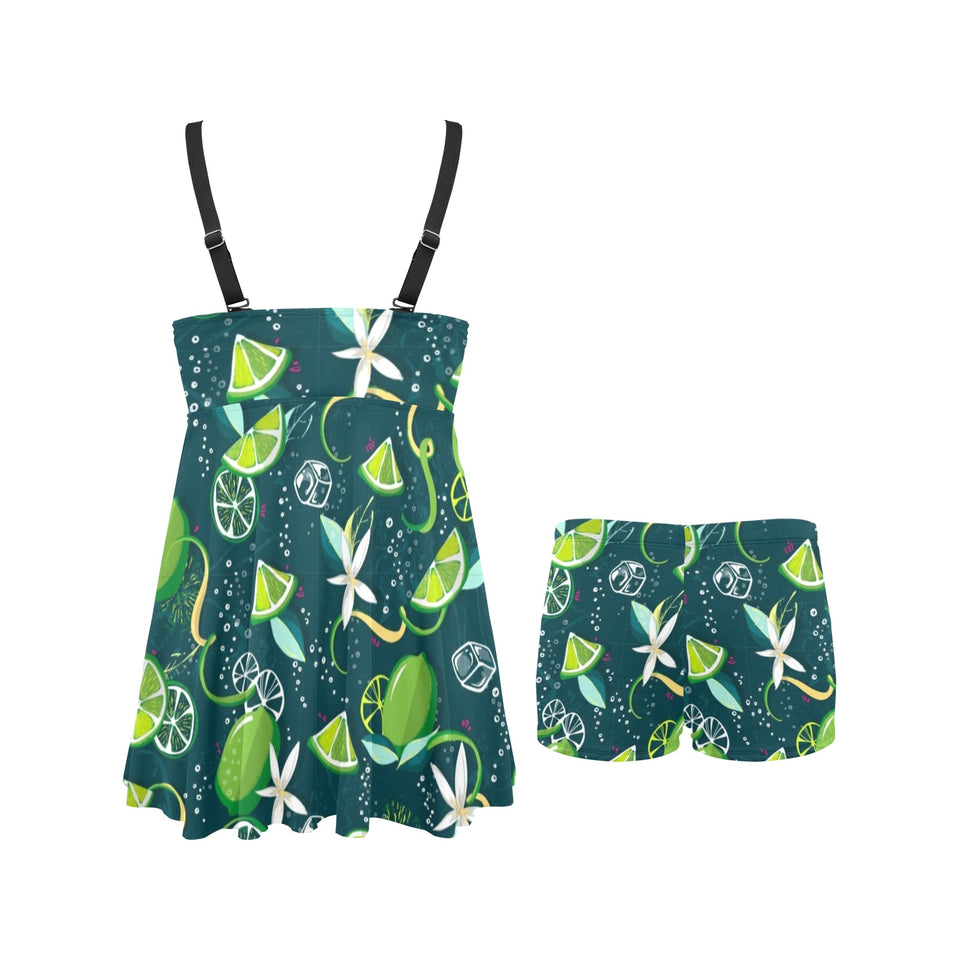 Lime ice flower pattern Chest Sexy Pleated Two Piece Swim Dress