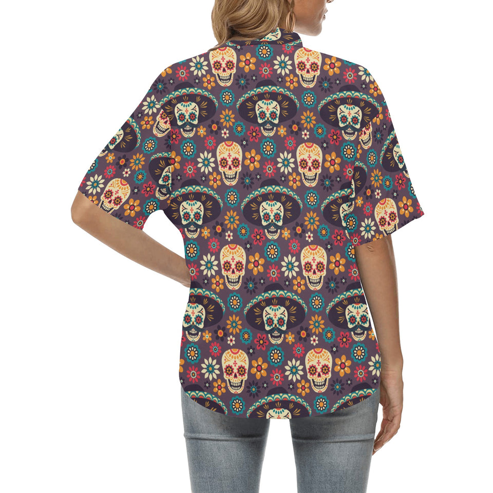 Sugar skulls flower maxican pattern Women's All Over Print Hawaiian Shirt