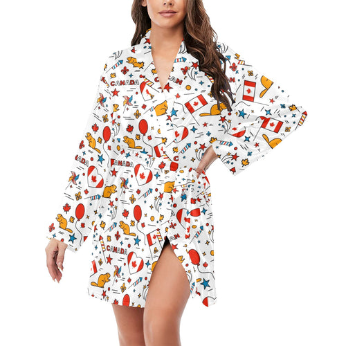 Canada Pattern Print Design 03 Women's Long Sleeve Belted Night Robe