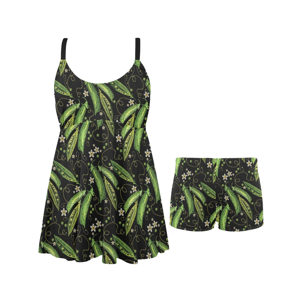 Green Peas Pattern Print Design 02 Chest Sexy Pleated Two Piece Swim Dress