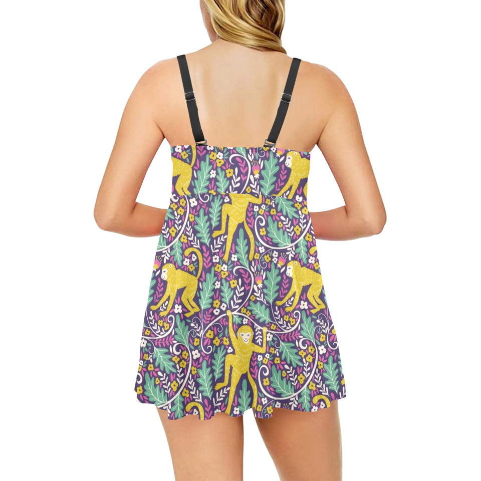 Cute yellow monkey leaves pattern Chest Sexy Pleated Two Piece Swim Dress