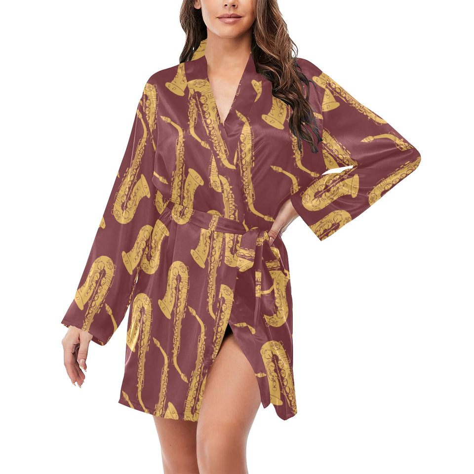 Hand drawn gold saxophone red background Women's Long Sleeve Belted Night Robe