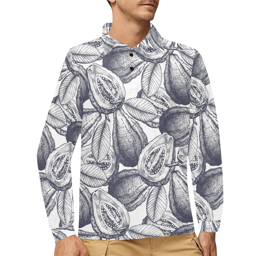 Guava tropical hand drawn pattern Men's Long Sleeve Polo Shirt