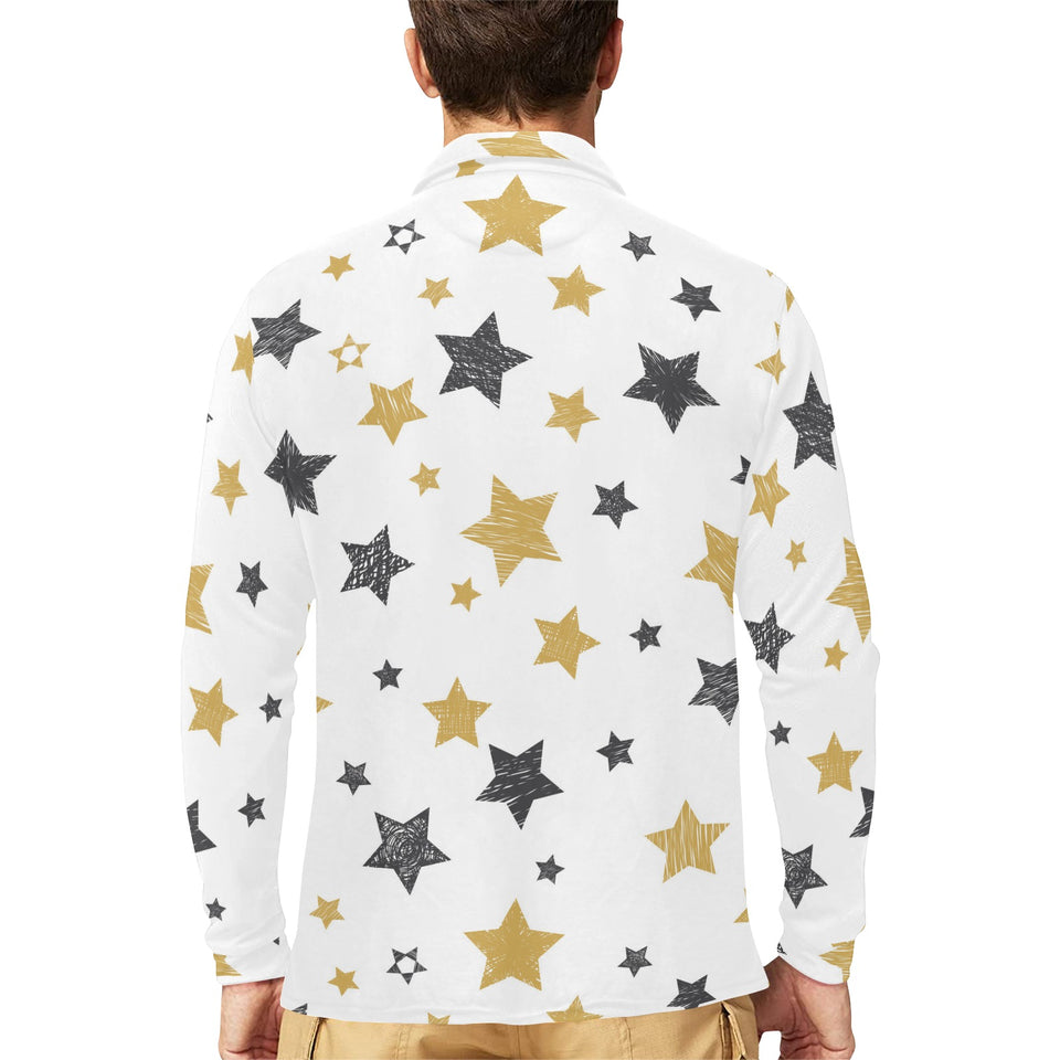 hand drawn gold black star pattern Men's Long Sleeve Polo Shirt