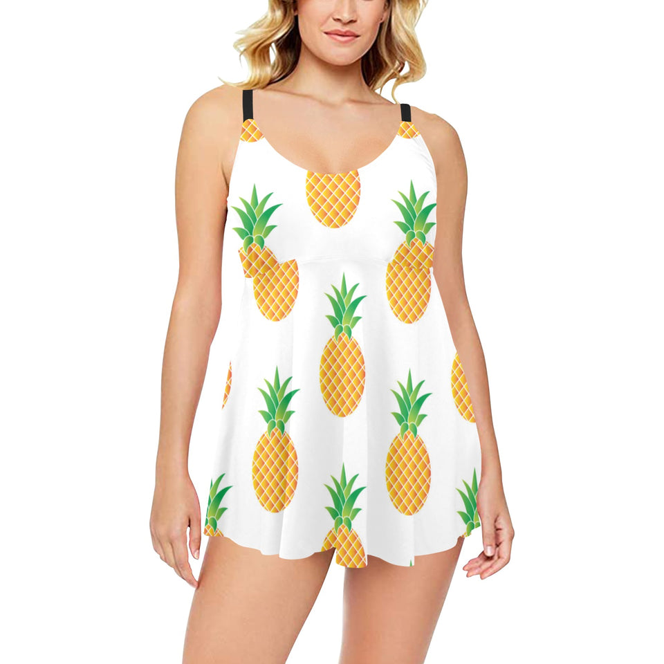 Pineapples pattern Chest Sexy Pleated Two Piece Swim Dress