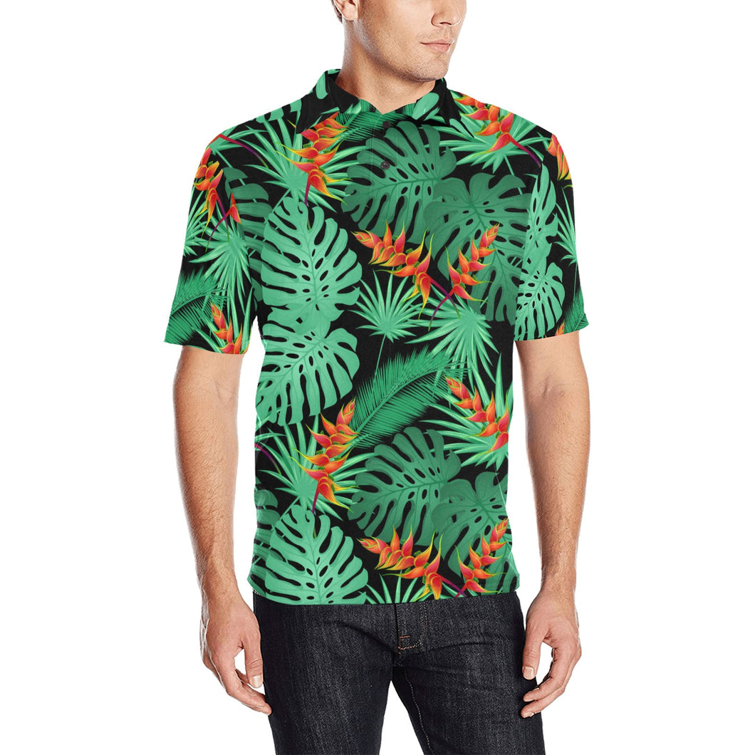 heliconia flower palm monstera leaves black backgr Men's All Over Print Polo Shirt