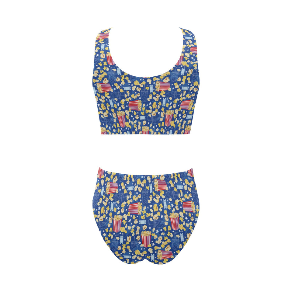 Popcorn Pattern Print Design 01 Chest Bowknot High Waisted Bikini Swimsuit
