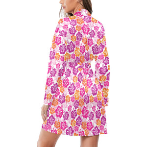 Hibiscus Pattern Print Design 01 Women's Long Sleeve Belted Night Robe