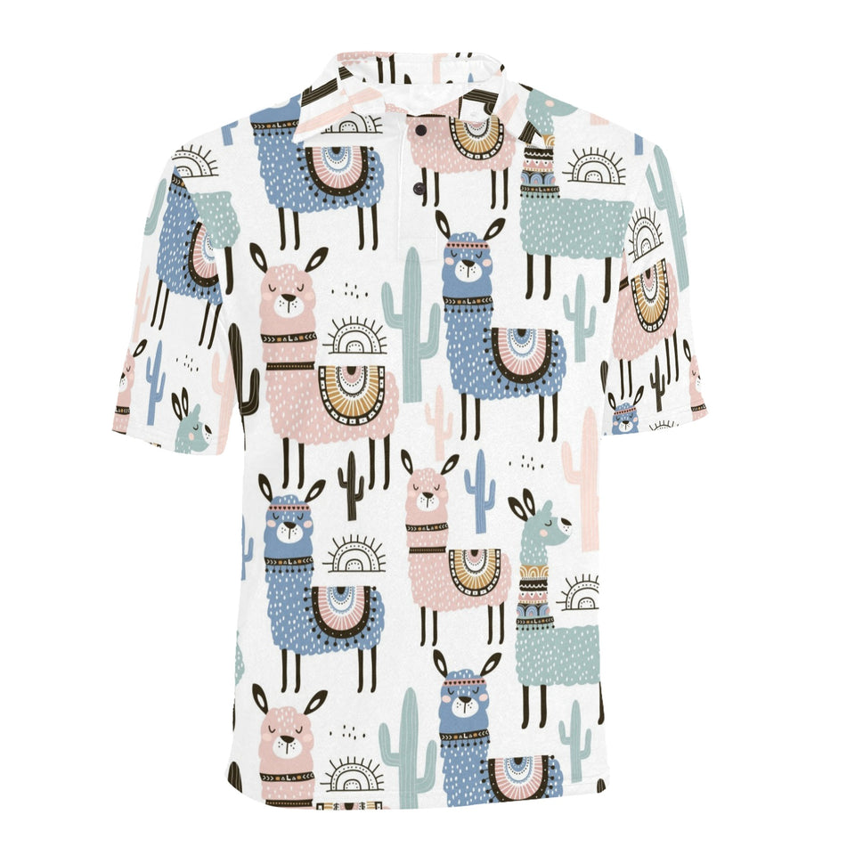 lama Alpaca cactus hand drawn pattern Men's All Over Print Polo Shirt