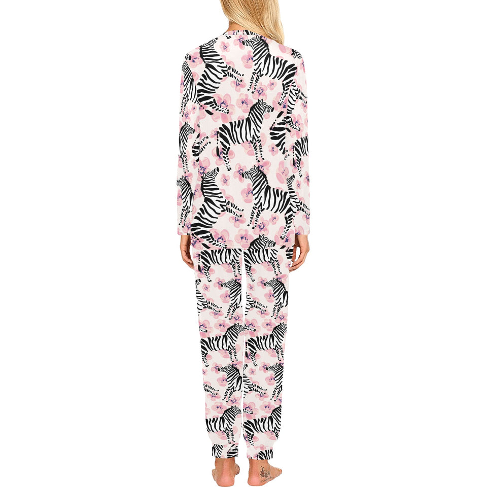 Zebra pink flower background Women's All Over Print Pajama Set