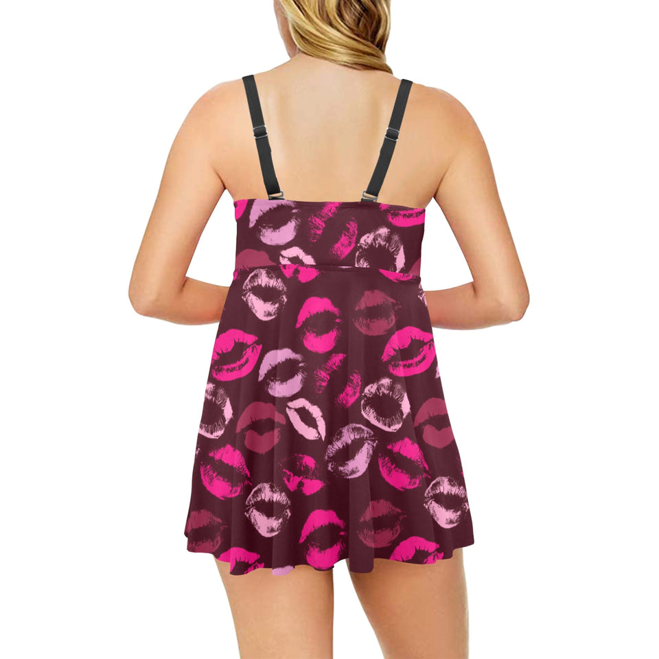 Lips Pattern Print Design 03 Chest Sexy Pleated Two Piece Swim Dress