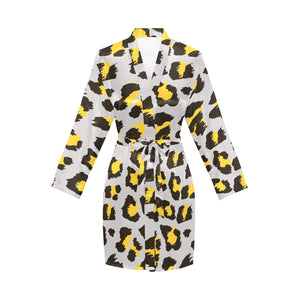 Gray Leopard print pattern Women's Long Sleeve Belted Night Robe