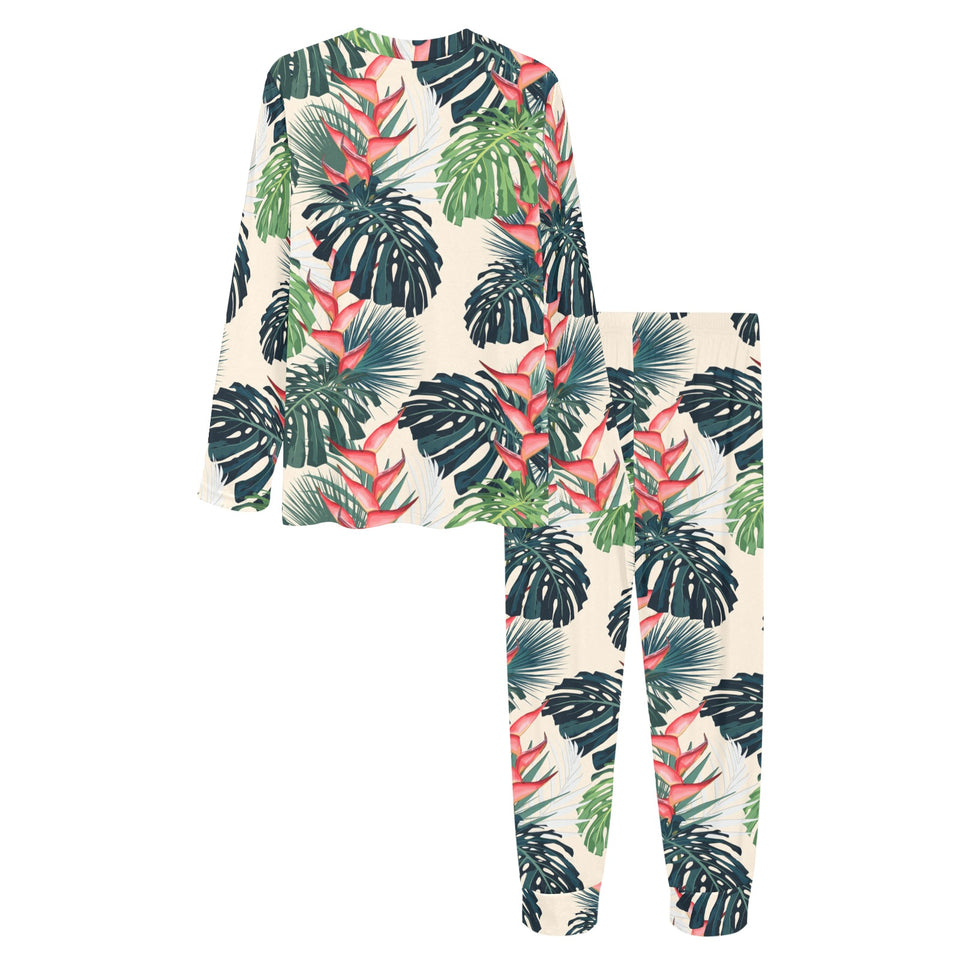 heliconia flowers, palm and monstera leaves Women's All Over Print Pajama Set