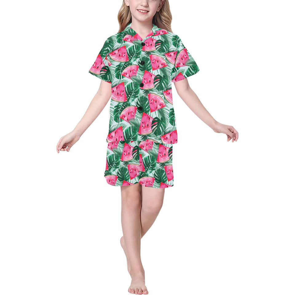 Watermelons tropical palm leaves pattern Kids' Boys' Girls' V-Neck Short Pajama Set