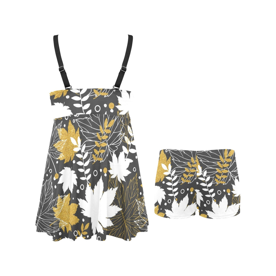 Beautiful gold autumn maple leaf pattern Chest Sexy Pleated Two Piece Swim Dress