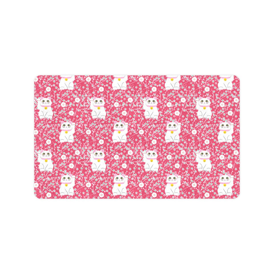 Maneki neko cat sakura pink background Doormat