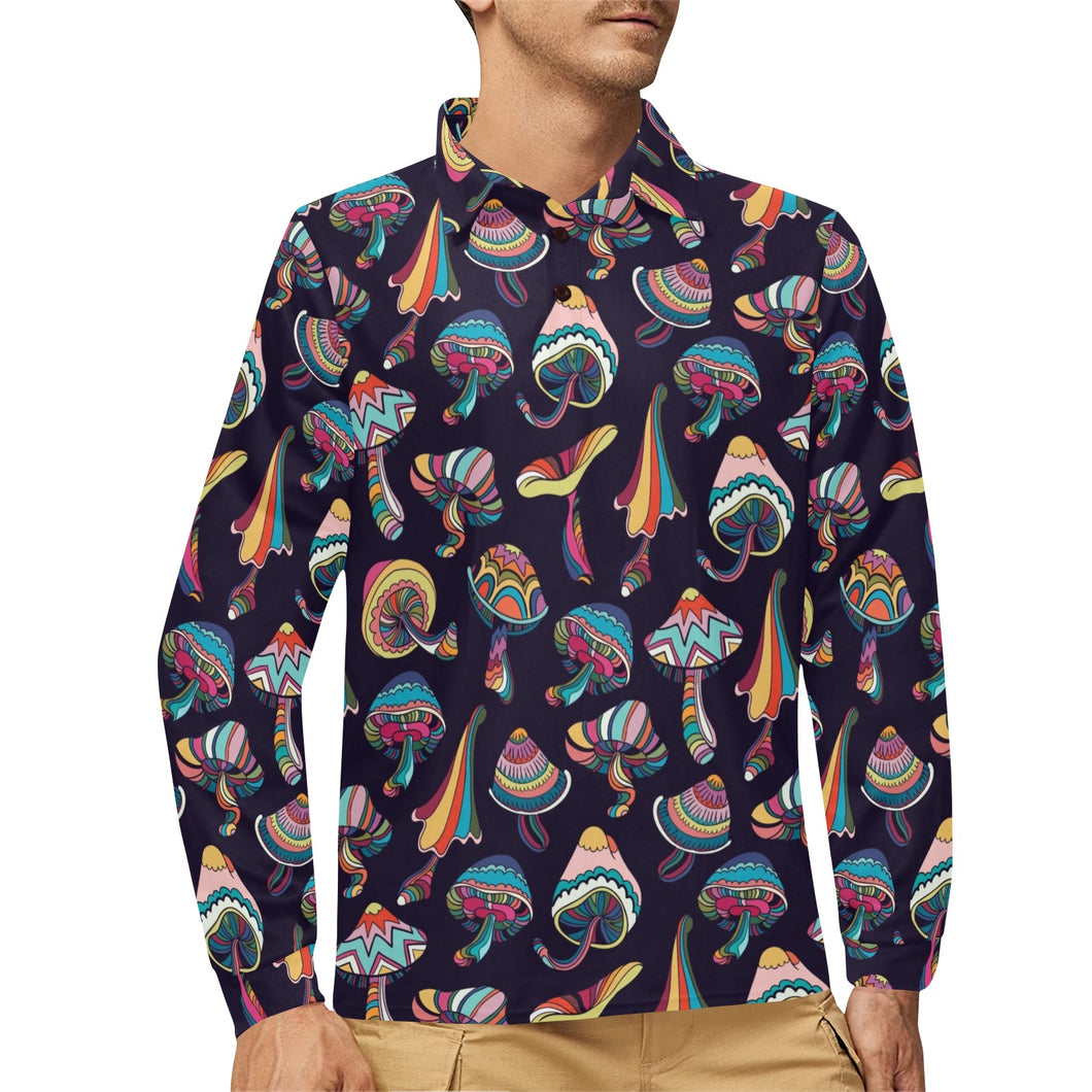 Colorful mushroom pattern Men's Long Sleeve Polo Shirt