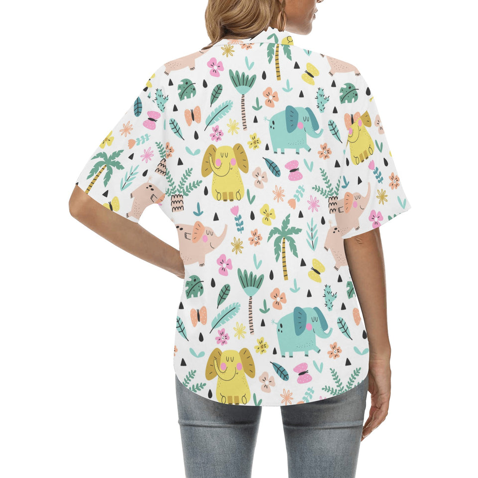 Cute elephants palm tree flower butterfly pattern Women's All Over Print Hawaiian Shirt