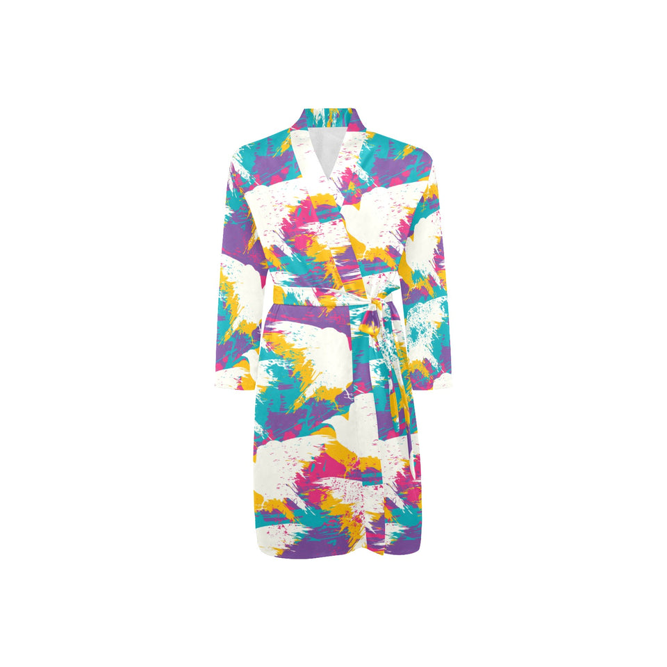Colorful crow illustration pattern Men's Long Sleeve Belted Night Robe