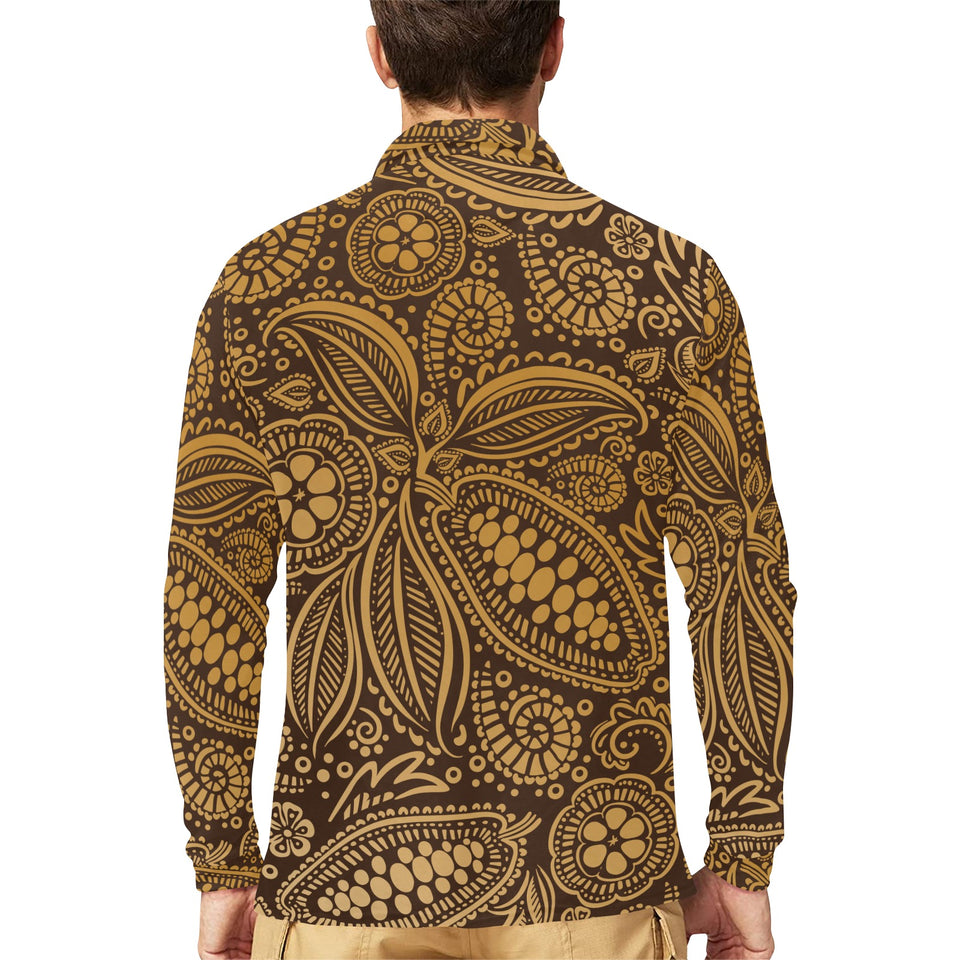 cacao beans tribal polynesian pattern background Men's Long Sleeve Polo Shirt