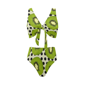 kiwi black dot background Chest Bowknot High Waisted Bikini Swimsuit