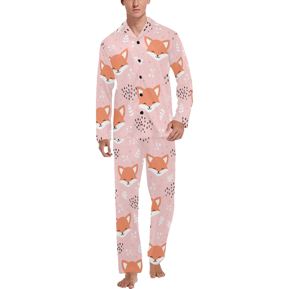 Cute fox pattern pink background Men's Long Pajama Set
