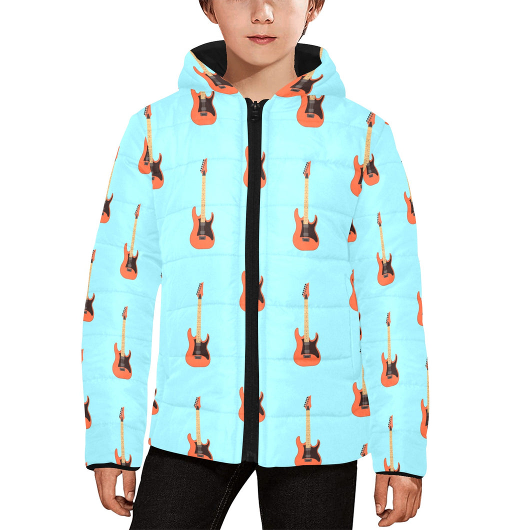 electric guitar pattern light blue background Kids' Boys' Girls' Padded Hooded Jacket