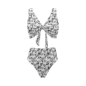 Greyhound Pattern Print Design 01 Chest Bowknot High Waisted Bikini Swimsuit