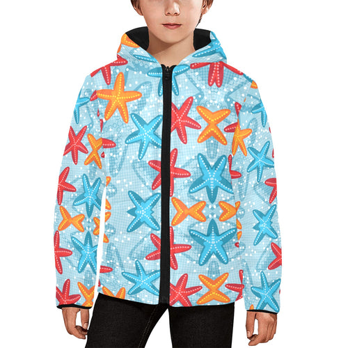 Blue red orange starfish pattern Kids' Boys' Girls' Padded Hooded Jacket