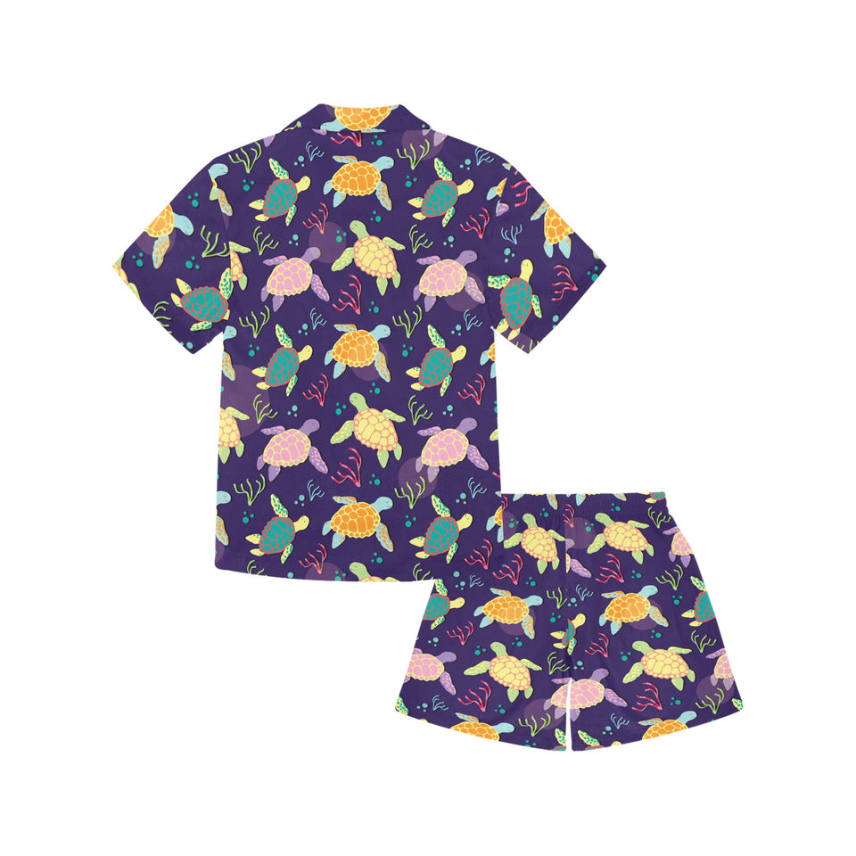 Colorful sea turtle pattern Kids' Boys' Girls' V-Neck Short Pajama Set
