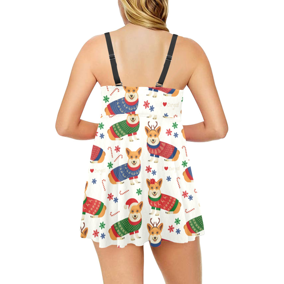 Corgi Christmas Pattern Chest Sexy Pleated Two Piece Swim Dress