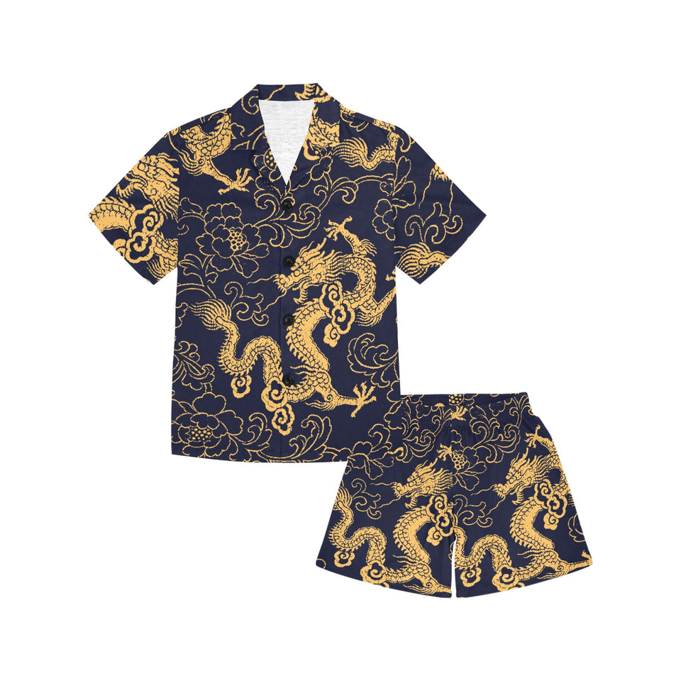 Gold dragon pattern Kids' Boys' Girls' V-Neck Short Pajama Set