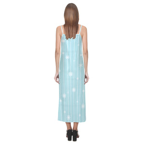 Snowflake pattern blue stripe background V-Neck Open Fork Long Dress