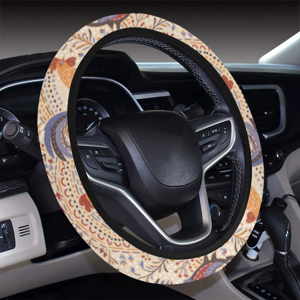Cute rooster chicken cock floral ornament backgrou Car Steering Wheel Cover