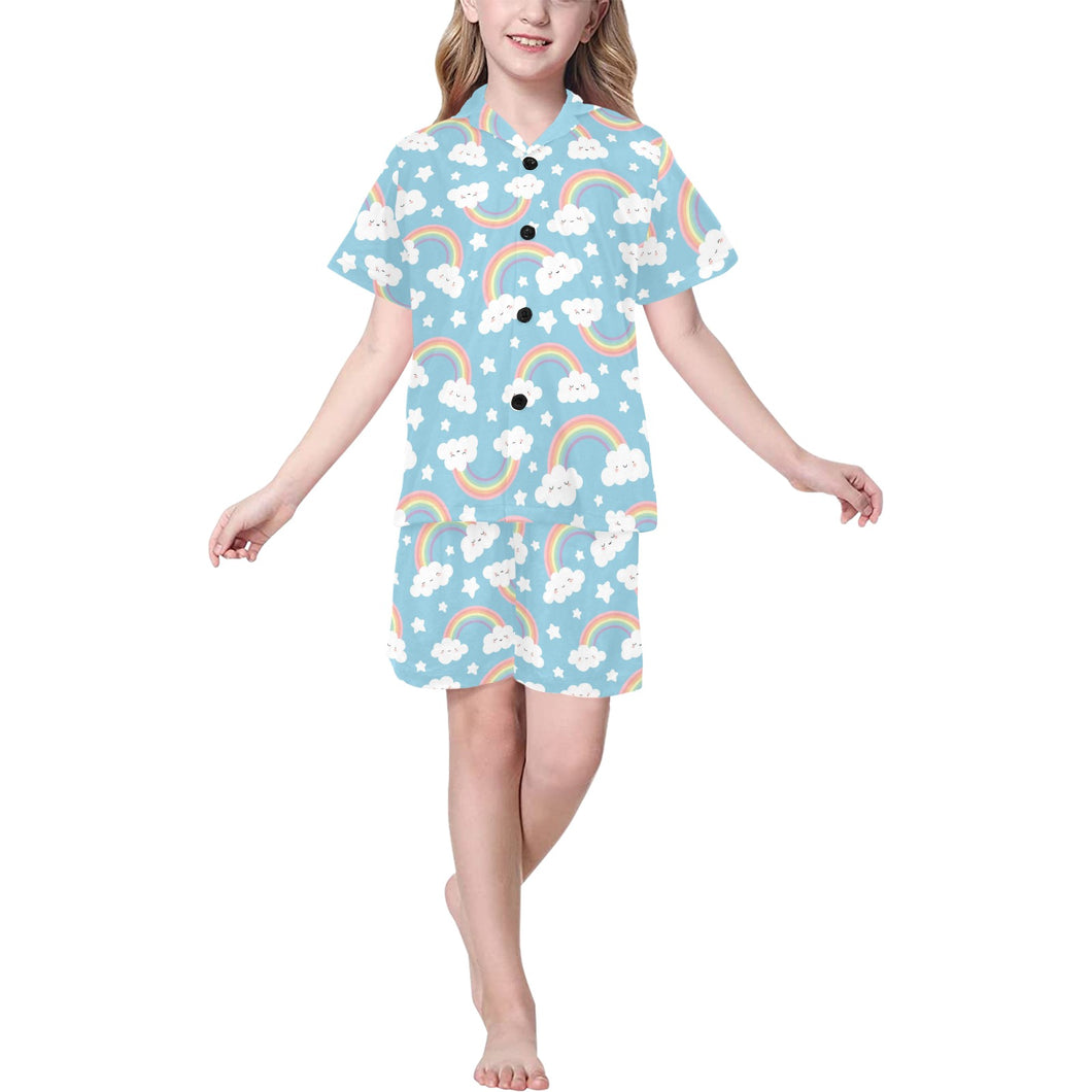 Cute rainbow clound star pattern blue background Kids' Boys' Girls' V-Neck Short Pajama Set