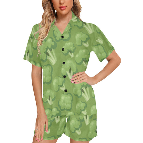 Broccoli pattern green background Women's V-Neck Short Pajama Set