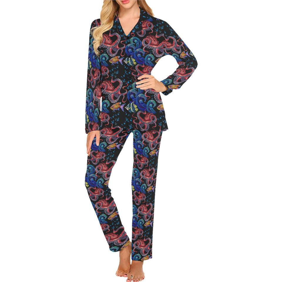 Octopus sea wave tropical fishe pattern Women's Long Pajama Set