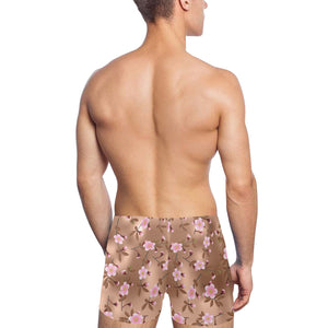 Pink sakura cherry blossom drak brown background Men's Swimming Trunks