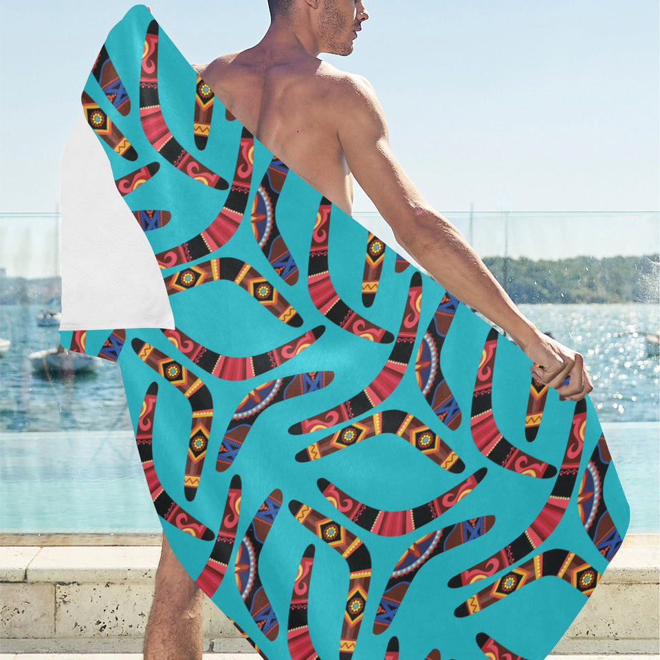 Boomerang Australian aboriginal ornament blue back Beach Towel