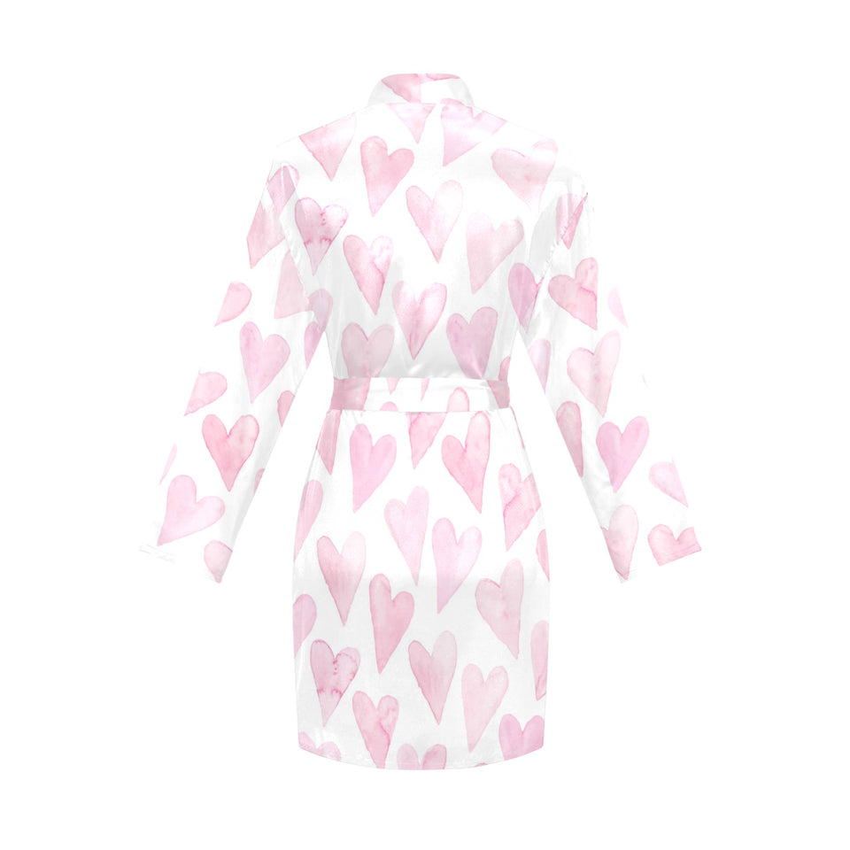 Watercolor pink heart pattern Women's Long Sleeve Belted Night Robe