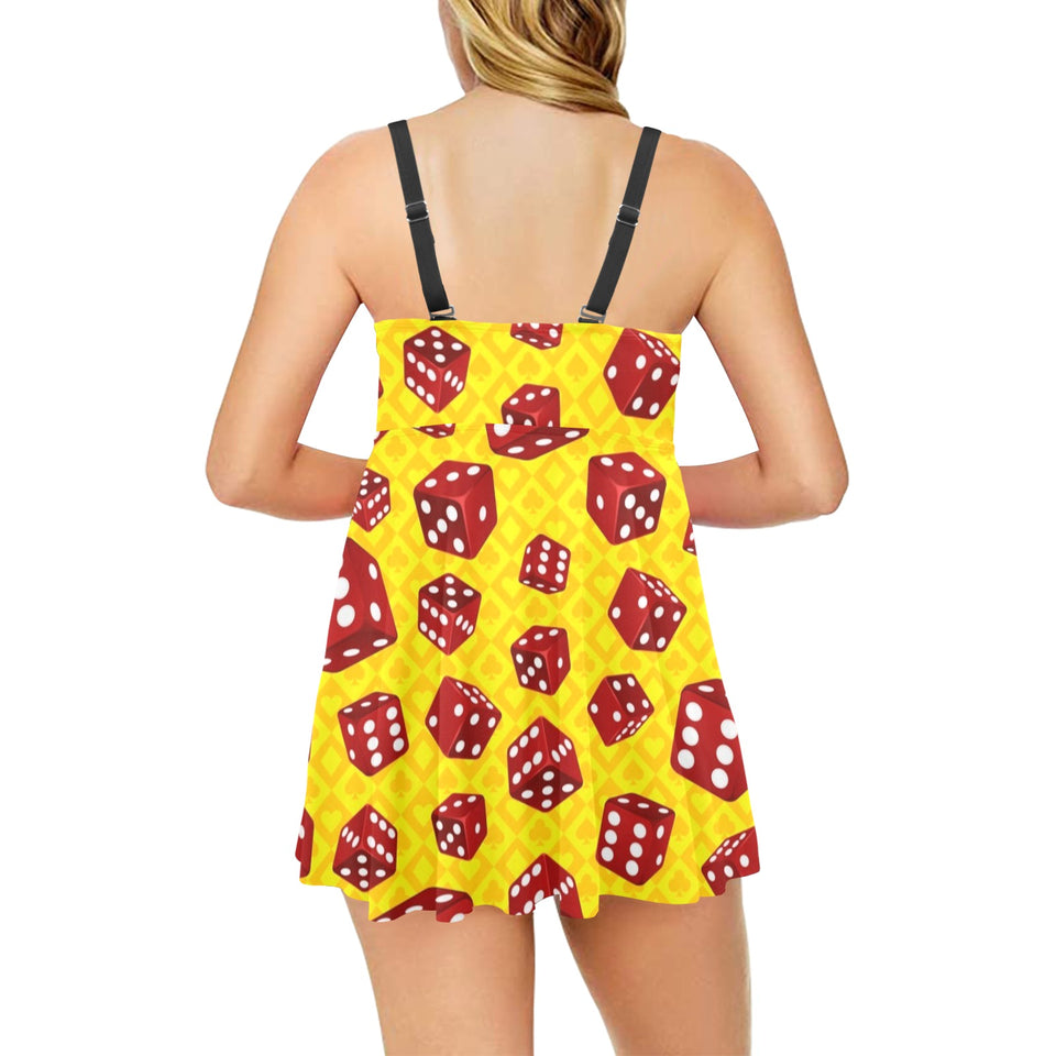 Dice Pattern Print Design 04 Chest Sexy Pleated Two Piece Swim Dress