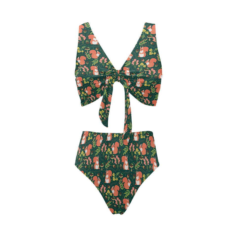 Squirrel Pattern Print Design 03 Chest Bowknot High Waisted Bikini Swimsuit