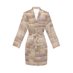 Brick Printed Pattern Print Design 01 Women's Long Sleeve Belted Night Robe