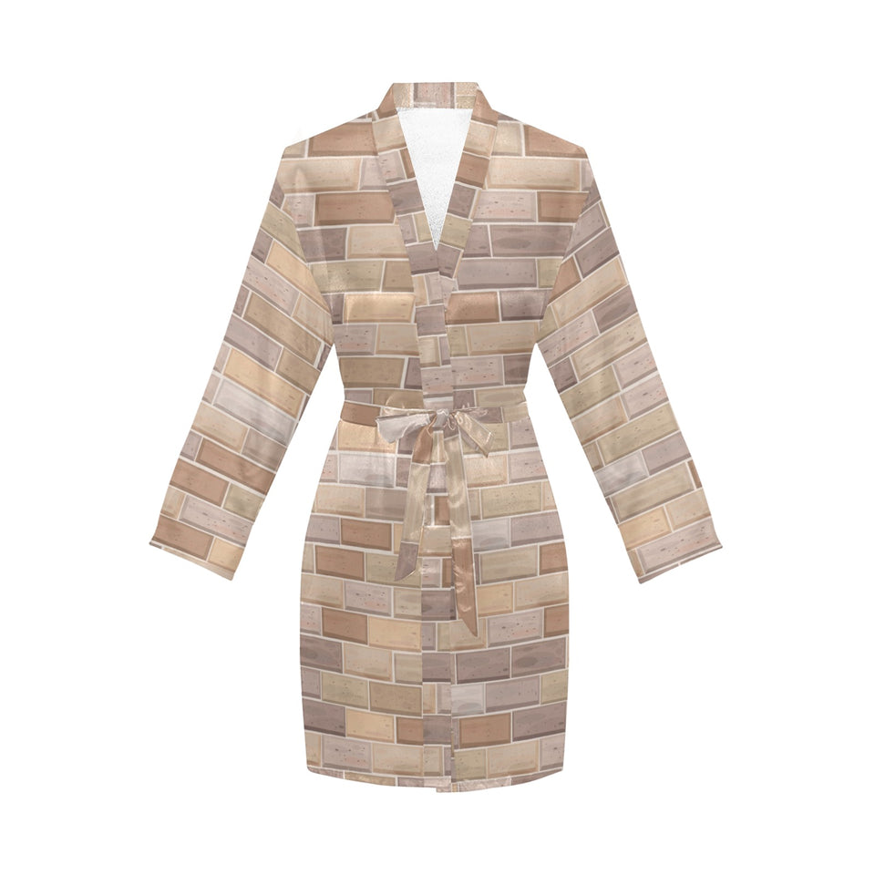 Brick Printed Pattern Print Design 01 Women's Long Sleeve Belted Night Robe