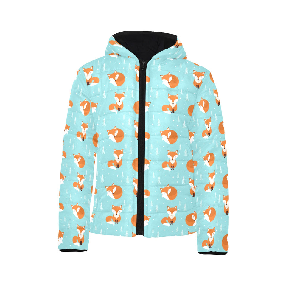 Fox pattern blue b ackground Kids' Boys' Girls' Padded Hooded Jacket