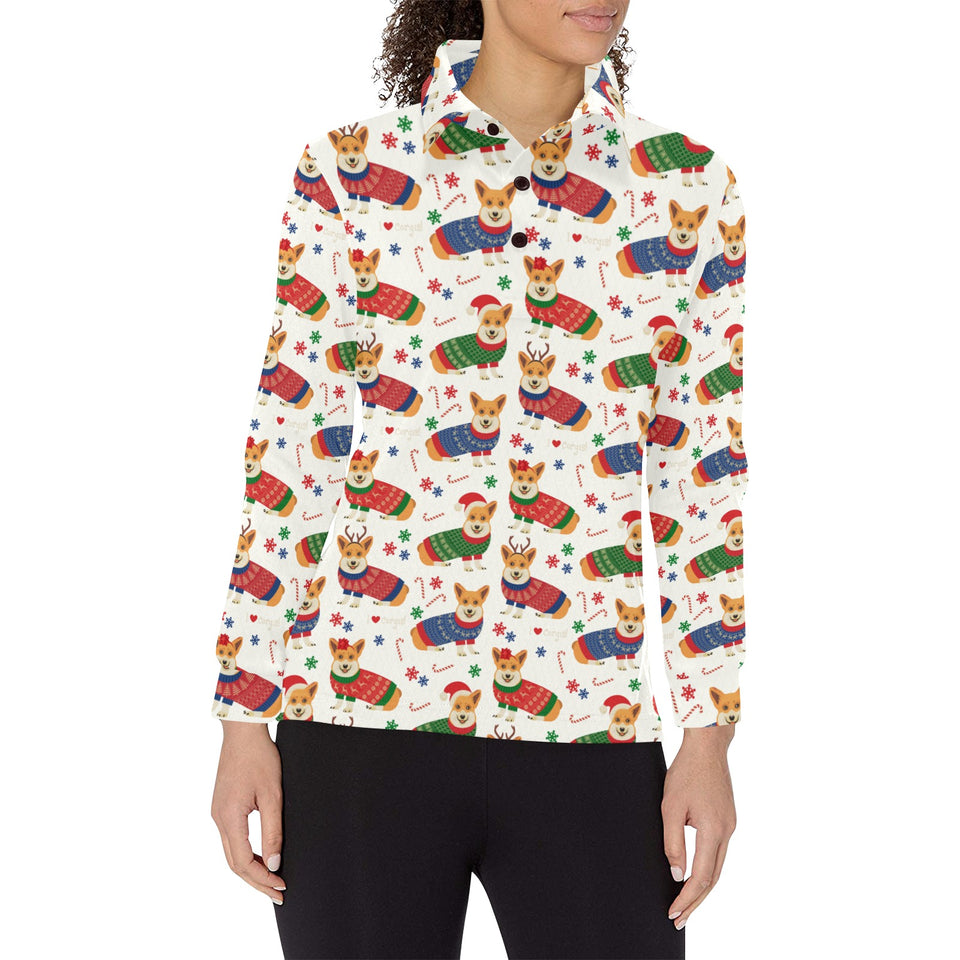 Corgi Christmas Pattern Women's Long Sleeve Polo Shirt