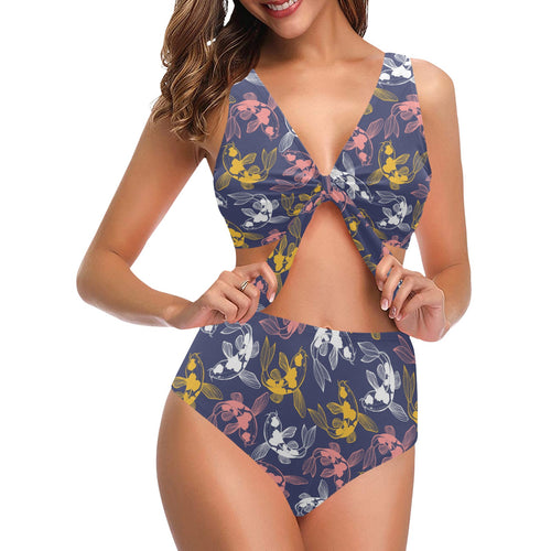 Koi Fish Carp Fish pattern Chest Bowknot High Waisted Bikini Swimsuit