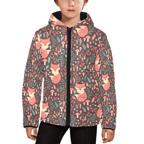 fox leaves mushroom pattern Kids' Boys' Girls' Padded Hooded Jacket